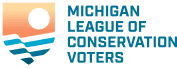 A green background with the words michigan league of conservation voters in blue.